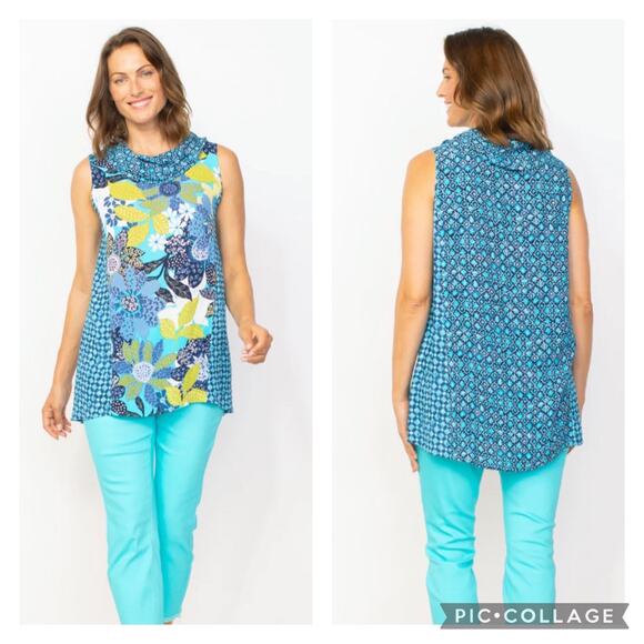 Habitat Tops - Habitat Cowl Tank Lake Print Blue Floral Size Large
